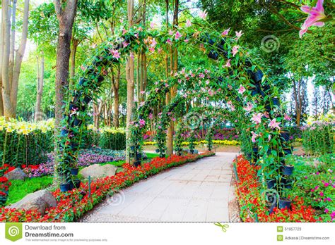 Beautiful Flower Arches With Walkway In Ornamental Plants Garden Stock