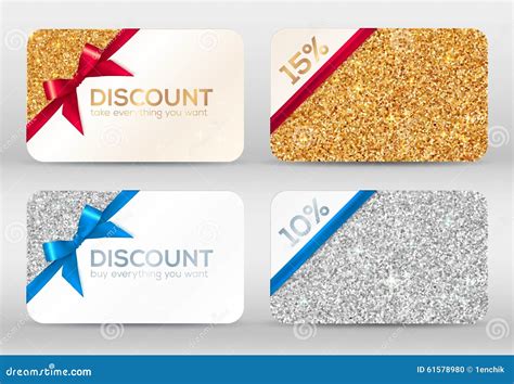 Set Of Golden And Silver Glitter Discount Cards Stock Vector