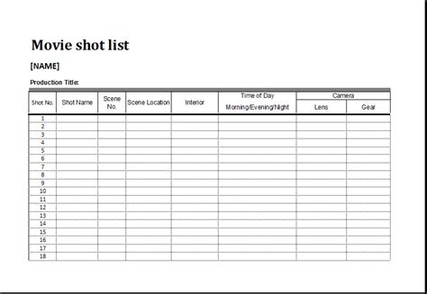 Shot List Templates Free Printable Word Excel PDF Samples