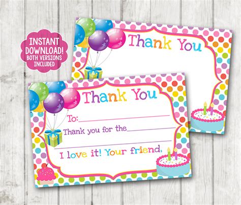 Instant Download Printable Birthday Thank You Cards Balloons Thank You