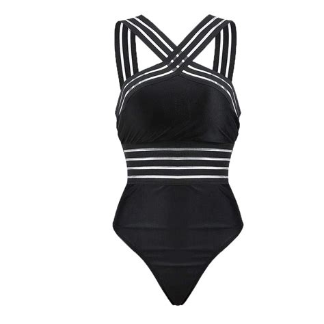 women sexy high waisted halter plunge bikini cross straps one piece swimsuit with see through
