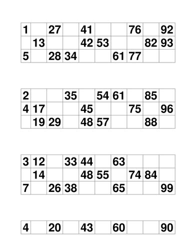 Bingo Cards Numbers 1 99 Teaching Resources