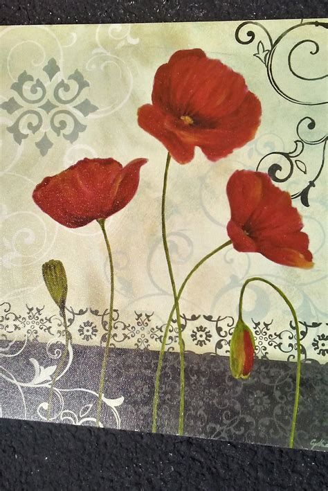 Vintage Square Unframed American Folk Art Style Print Of Poppies In Oil