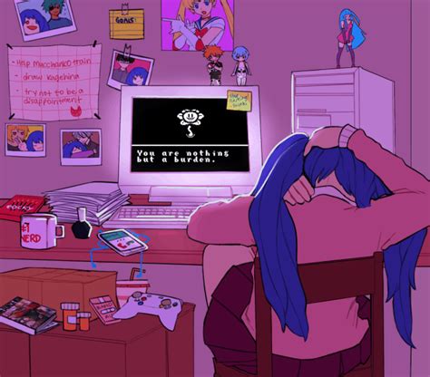 A Person With Blue Hair Sitting In Front Of A Computer