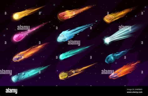 Cartoon Galaxy Flying Comets And Space Stars Falling Asteroids And Meteors Vector Shooting