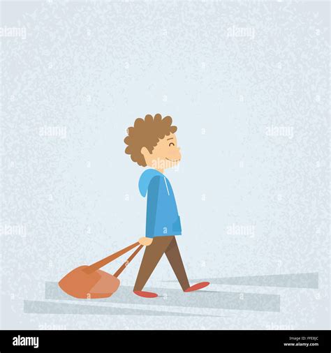 Little School Boy Walk Hold Bag Dragging Backpack Stock Vector Art
