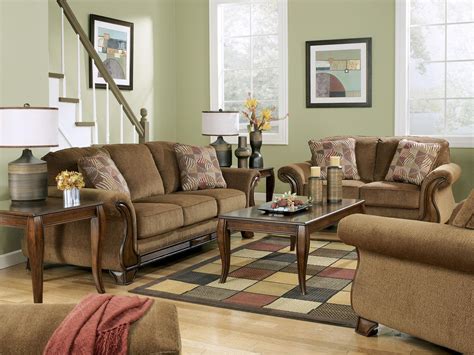 Rockford Traditional Living Room Brown Wood Trim And Microfiber Sofa