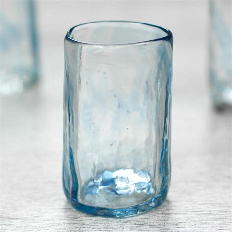Set Of 4 Mexican Clear Blue Blown Glass Mezcal Shot Glasses Azure Mist Novica