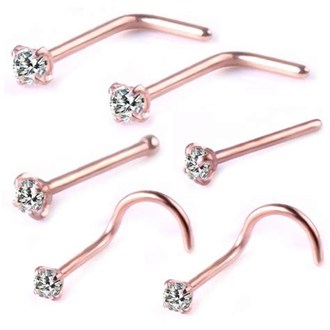 6pcsset Mix Style Rose Gold Crystal Zircon Nose Stud Rings L Shape