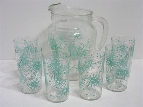 Vintage Atomic Pitcher Glass Tumbler Set Starburst Mid