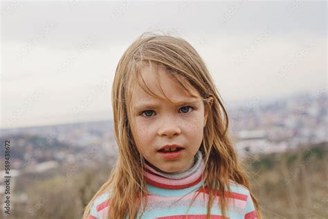 Cute Child Girl With Freckles Portrait Kid 6 Years Old Outdoors Stock