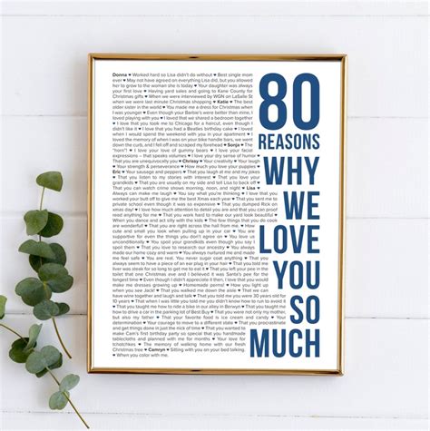 80 Reasons Why We Love You Poster Frame Personalized 80th Etsy Canada