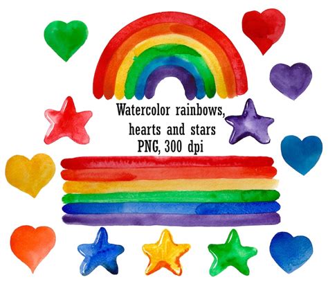 Watercolor Rainbows Hearts And Stars Hand Drawn Rainbow Etsy
