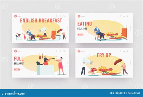 English Full Fry Up Breakfast Landing Page Template Set Tiny Characters At Huge Plate Eat Bacon
