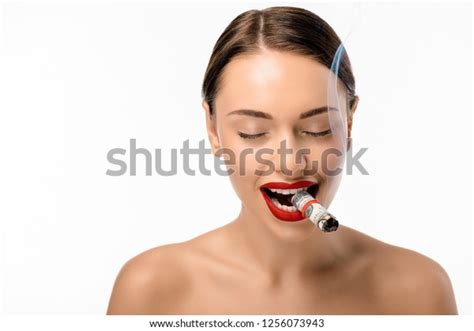 Happy Naked Girl Closed Eyes Smoking Foto Stock 1256073943 Shutterstock
