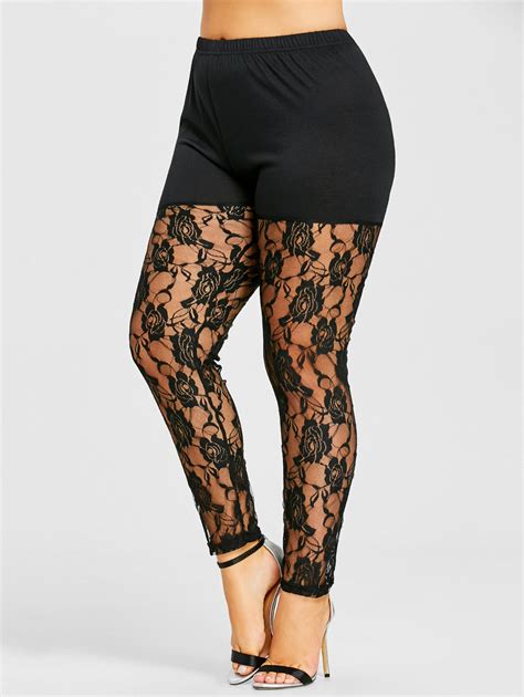 Wipalo Plus Size Xl High Waist Black Sexy Floral Lace Sheer Legging