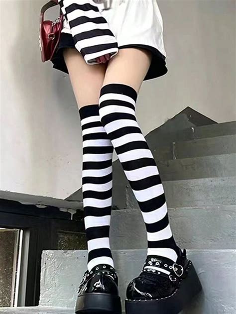 1pair Women Striped Pattern Fashion Over The Knee Socks Knee High Socks Outfit Striped Thigh