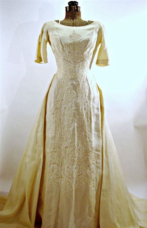 Elegant beaded lace wedding dresses mermaid bridal gowns with detachable train off shoulder applique ivory satin bride dress. Vintage Beaded Wedding Gown S by Thevintageramble on Etsy ...