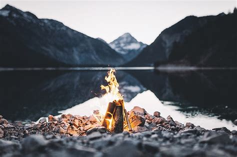 Fire Campfire Lake Stones Stone Depth Of Field Nature Water