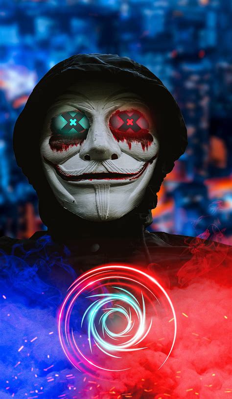 2k Free Download Anonymous Masked Man Blue City Neon Sky Smoke