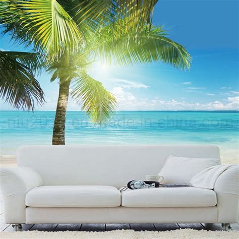 Customized Self Adhesive Mural Wallpaper Seaside Coconut Tree Landscape