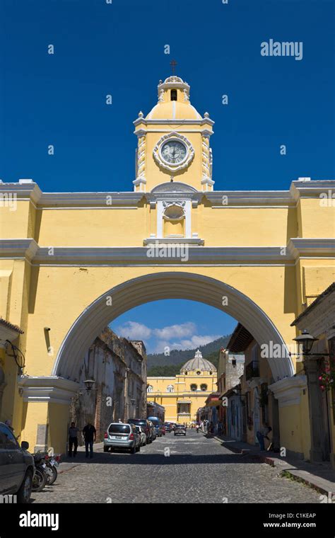 Clock Tower And Arch Antigua Guatemala Stock Photo Alamy