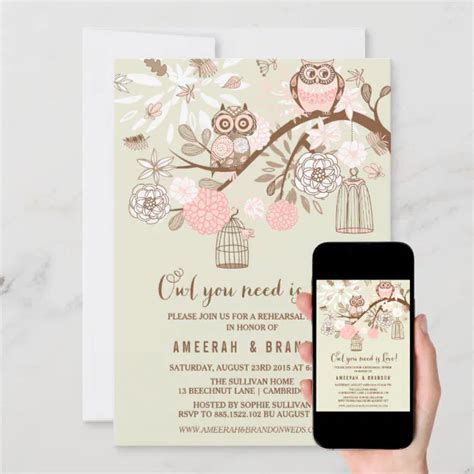 Pink Owls And Birdcages Rehearsal Dinner Invitation Zazzle