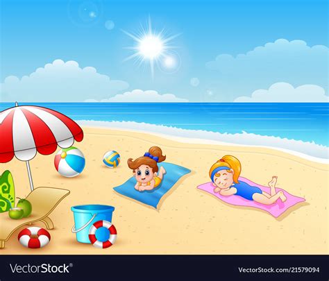 Two Girl Sunbathing On The Beach Mat Royalty Free Vector