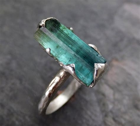 Raw Blue Green Tourmaline White Gold Ring Rough Uncut Gemstone Promise