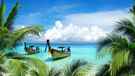 Wallpaper Tropical Beach Boats Island Coconut Trees 4k