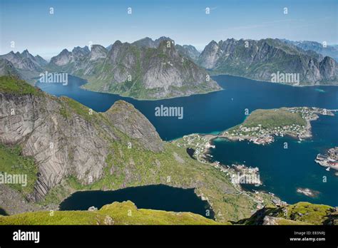 Aerial View Over The Village Of Reine And Fjords And Mountains In The