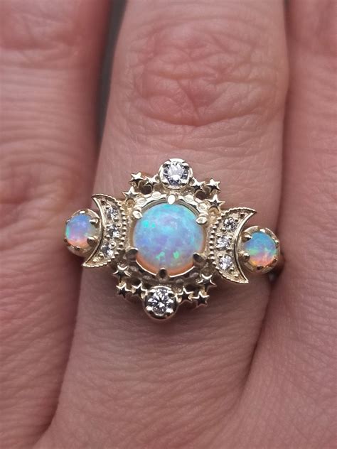 Lab Opal Cosmos Moon Engagement Ring Rose Gold Celestial 3 Etsy