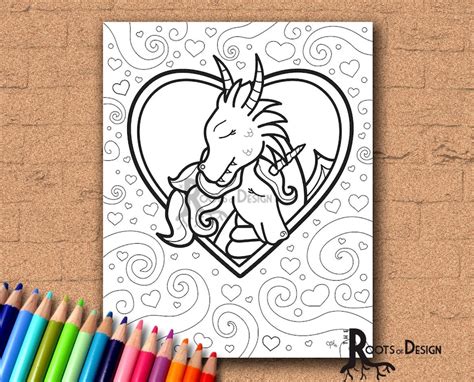 Instant Download Coloring Page Dragon And Unicorn In Love Etsy