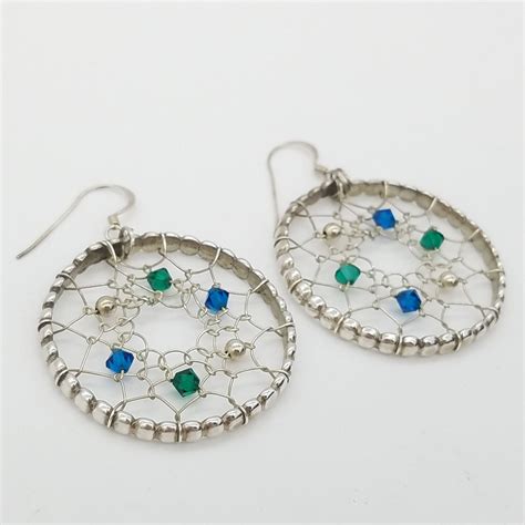 Vintage Navajo Sterling Silver And Crystal Dream Catcher Earrings Signed