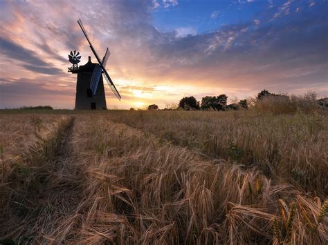 Wallpaper Windmill Wheat Field Clouds Sunset 1920x1200 Hd Picture Image