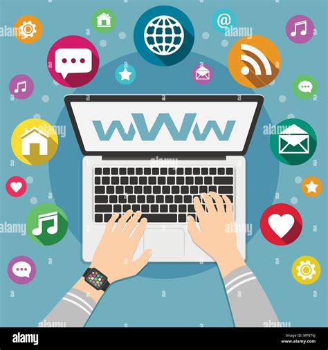 El hombre utiliza un portátil para navegar por la web. Ilustración de