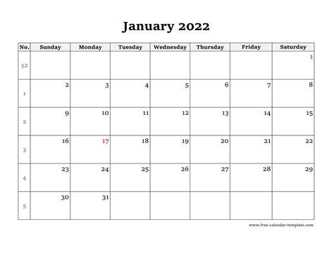 Simple Monthly Calendar 2022 Large Box On Each Day For Notes Free