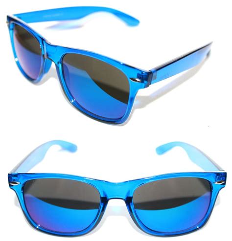 Mens Womens Horn Rimmed Clear Blue Sunglasses Frame Blue Mirrored Lens Vintage Unbranded