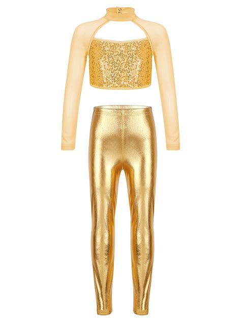 Chictry Girls Pcs Long Sleeve Dance Outfit Shiny Sequins Cutout Crop