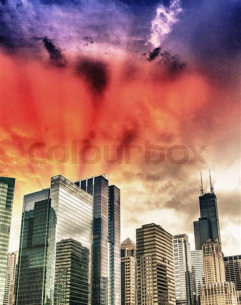 Beautiful View Of Chicago Skyline With Dramatic Sky Stock Image