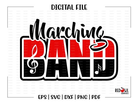 Marching Band Svg File With The Words Marching And Music Notes In Red