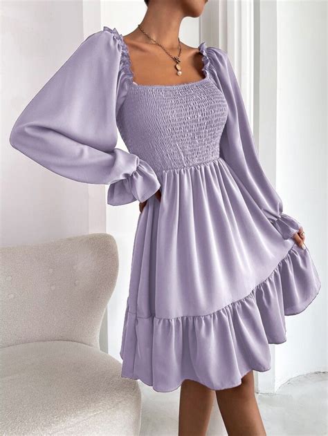 Square Neck Shirred Bodice Flounce Sleeve Ruffle Hem Dress Shein Usa