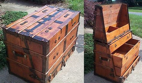 Wood And Leather Steamer Trunk Hinged Top Becomes Dresser Drawers