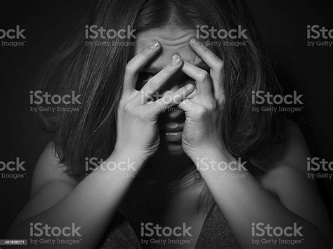 Woman In Depression And Despair Crying Covered Her Face Stock Photo