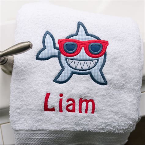 Classic white bath towel features a terry body weave with a personalized imprinted border, customized in black with their mr. or mrs. title in our big, bold towels are easy for kids to spot at the beach! Monogrammed Shark Towel | Monogram towels, Kid bathroom ...