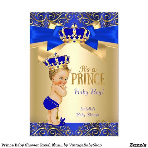 Prince Baby Shower Royal Blue Gold Damask Blonde 5x7 Paper Invitation