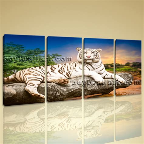 Large White Tiger Wall Art Decor Oil Painting Bedroom Tetraptych Panels