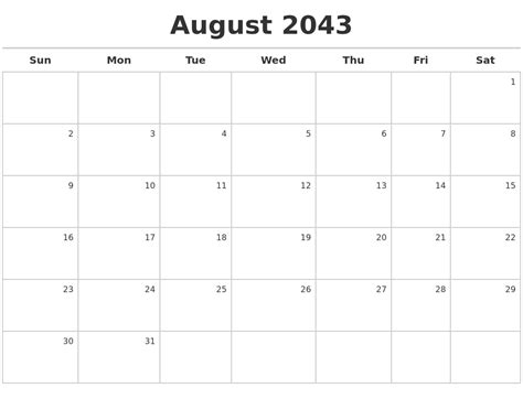 August 2043 Calendar Maker