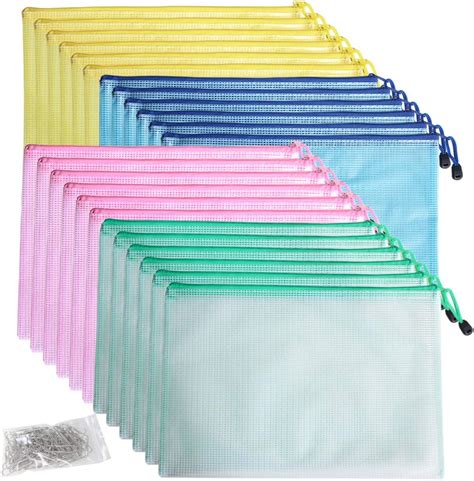 Qualsen 24 Pcs Mesh Zipper File Bags A4 Waterproof Plastic Document