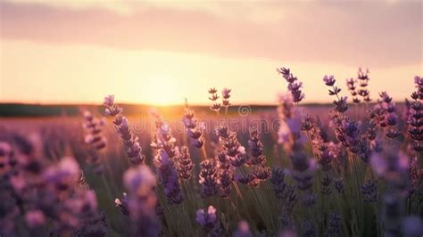 Beautiful Violet Lavender Flowers During Sunset Over A Lavender Field